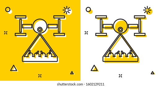 Black Smart farm with drone control collects harvest icon isolated on yellow and white background. Innovation technology for agricultural company. Random dynamic shapes. Vector Illustration