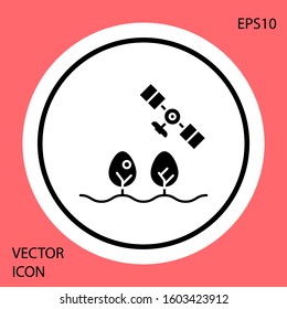 Black Smart farm with drone control and tree icon isolated on red background. Innovation technology for agricultural company. White circle button. Vector Illustration