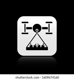Black Smart farm with drone control collects harvest icon isolated on black background. Innovation technology for agricultural company. Silver square button. Vector Illustration