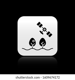 Black Smart farm with drone control and tree icon isolated on black background. Innovation technology for agricultural company. Silver square button. Vector Illustration