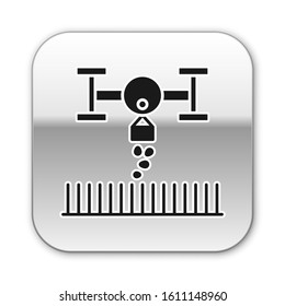 Black Smart farm with drone control for seed planting icon isolated on white background. Innovation technology for agricultural company. Silver square button. Vector Illustration