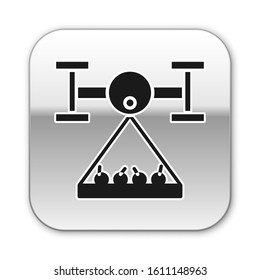 Black Smart farm with drone control collects harvest icon isolated on white background. Innovation technology for agricultural company. Silver square button. Vector Illustration