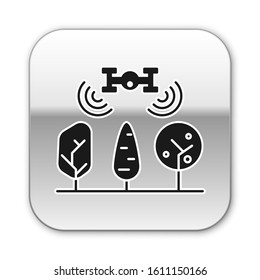 Black Smart farm with drone control and tree icon isolated on white background. Innovation technology for agricultural company. Silver square button. Vector Illustration