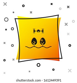 Black Smart farm with drone control and tree icon isolated on white background. Innovation technology for agricultural company. Yellow square button. Vector Illustration