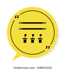 Black Smart farm with light bulb and plant symbol icon isolated on white background. Yellow speech bubble symbol. Vector Illustration
