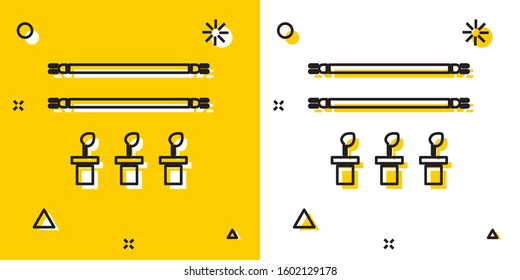 Black Smart farm with light bulb and plant symbol icon isolated on yellow and white background. Random dynamic shapes. Vector Illustration