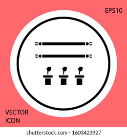 Black Smart farm with light bulb and plant symbol icon isolated on red background. White circle button. Vector Illustration