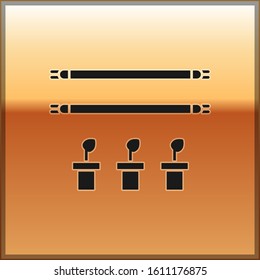 Black Smart farm with light bulb and plant symbol icon isolated on gold background.  Vector Illustration