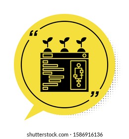 Black Smart farming technology - farm automation system in app icon isolated on white background. Yellow speech bubble symbol. Vector Illustration
