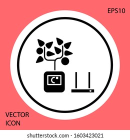 Black Smart farming technology - farm automation system in app icon isolated on red background. White circle button. Vector Illustration