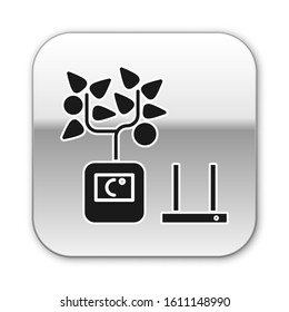 Black Smart farming technology - farm automation system in app icon isolated on white background. Silver square button. Vector Illustration