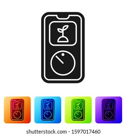 Black Smart farming technology - timer farm automation system in app icon isolated on white background. Set icons in color square buttons. Vector Illustration