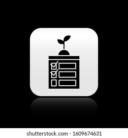 Black Smart farming technology - timer farm automation system in app icon isolated on black background. Silver square button. Vector Illustration