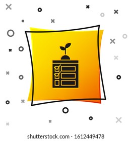 Black Smart farming technology - timer farm automation system in app icon isolated on white background. Yellow square button. Vector Illustration