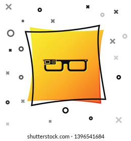 Black Smart glasses mounted on spectacles icon isolated on white background. Wearable electronics smart glasses with camera and display. Yellow square button. Vector Illustration