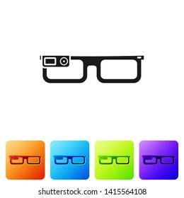 Black Smart glasses mounted on spectacles icon isolated on white background. Wearable electronics smart glasses with camera and display. Set icon in color square buttons. Vector Illustration