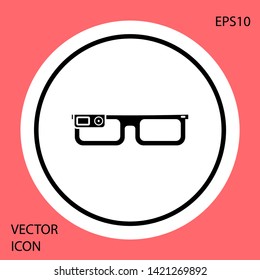 Black Smart glasses mounted on spectacles icon isolated on red background. Wearable electronics smart glasses with camera and display. White circle button. Vector Illustration