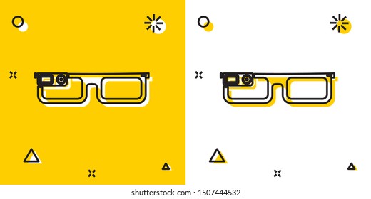 Black Smart glasses mounted on spectacles icon isolated on yellow and white background. Wearable electronics smart glasses with camera and display. Random dynamic shapes. Vector Illustration