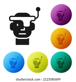 Gafas Black Smart montadas sobre el icono de los espectáculos aislados sobre fondo blanco. Gafas inteligentes de electrónica con cámara y pantalla. Establezca los iconos en los botones de círculo de color. Vector