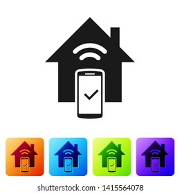 Black Smart home - remote control system icon isolated on white background. Set icon in color square buttons. Vector Illustration