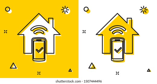 Black Smart home - remote control system icon isolated on yellow and white background. Random dynamic shapes. Vector Illustration