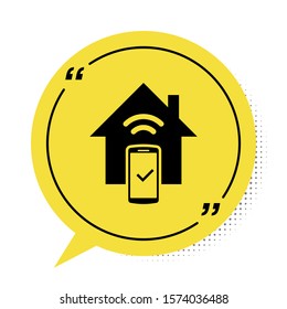 Black Smart home - remote control system icon isolated on white background. Yellow speech bubble symbol. Vector Illustration