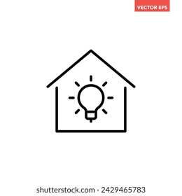 Black smart home time line icon, simple house with light bulb flat design pictogram, infographic vector for app logo web button ui ux interface elements isolated on white background