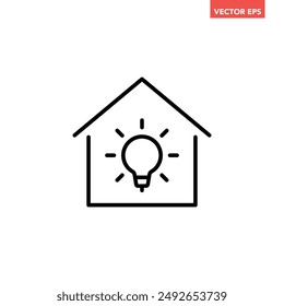 Black smart home time line icon, simple house with light bulb flat design pictogram, infographic vector for app logo web button ui ux interface elements isolated on white background