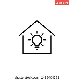 Black smart home time line icon, simple house with light bulb flat design pictogram, infographic vector for app logo web button ui ux interface elements isolated on white background