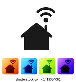Black Smart home with wi-fi icon isolated on white background. Remote control. Set icon in color square buttons. Vector Illustration