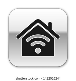 Black Smart home with wi-fi icon isolated on white background. Remote control. Silver square button. Vector Illustration