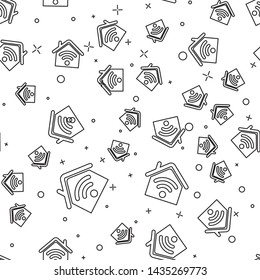 Black Smart home with wi-fi line icon isolated seamless pattern on white background. Remote control. Vector Illustration