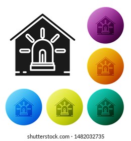 Black Smart house and alarm icon isolated on white background. Security system of smart home. Set icons colorful circle buttons. Vector Illustration