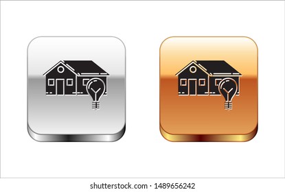 Black Smart house and light bulb icon isolated on white background. Silver-gold square button. Vector Illustration