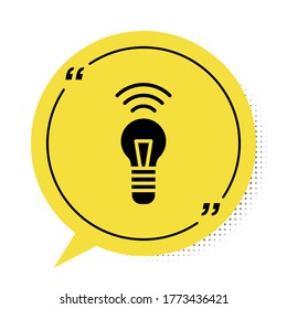 Black Smart light bulb system icon isolated on white background. Energy and idea symbol. Internet of things concept with wireless connection. Yellow speech bubble symbol. Vector
