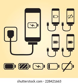 Black smart phone charge icons with battery indicator level, simple shape power charging flat design infographics vector, app web button ui interface element isolated on white background