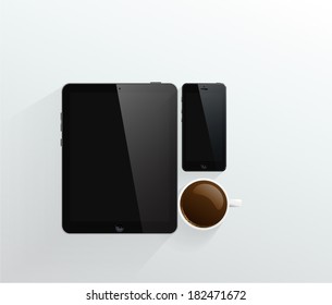 black Smart Phone with cup of coffee and computer tablet. black Smart Phone with cup of coffee and computer tablet.