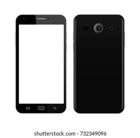 Black smart phone in front and back sides on white background. Realistic vector illustration, for graphic and web design