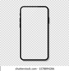 Black smart phone isolated on transparent background, smartphone blank screen, phone mockup, vector illustration.