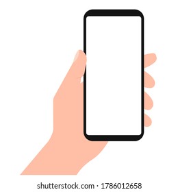 Black smart phone (mobile phone) vector illustration mockup with hand and blank screen.