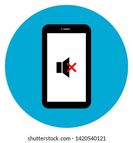 black smart phone with silent mode sign on screen on blue circle isolated on white background. vector illustration