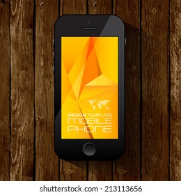 Black smart phone template display with yellow  triangular background.  Isolated on wooden background.  Vector illustration.