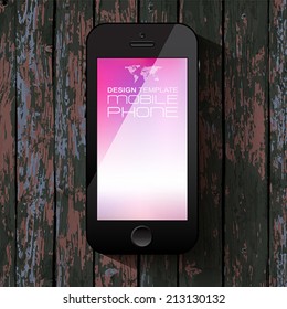 Black smart phone template display with blurred background.  Isolated on wooden background.  Vector illustration.