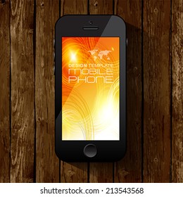 Black smart phone template display with yellow bubbles background.  Isolated on wooden background.  Vector illustration.