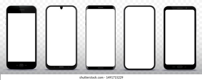 Black Smart Phone Vector Illustration Mockup Set With White Screen And Transparent Background 