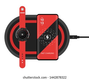 Black smart phone and watch on wireless charging device Fast Charging Illustration