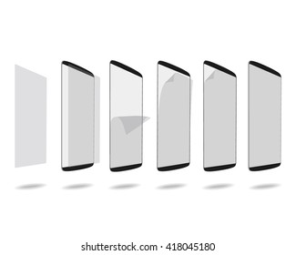 Black smart phones screen with protector glass set different steps. Vector illustration. EPS 10.  No gradients. Raw materials are easy to edit