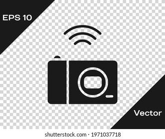 Black Smart photo camera system icon isolated on transparent background. Internet of things concept with wireless connection.  Vector
