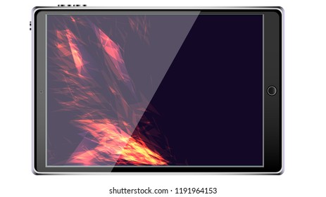 Black smart tablet smartphone with touchscreen, modern realistic mobile device with abstract magic energy splash, wallpaper isolated on white background. Vector illustration.