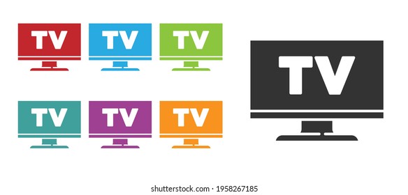 Schwarzes Smart-TV-Symbol einzeln auf weißem Hintergrund. Fernsehzeichen. Symbole bunt festlegen. Vektorgrafik